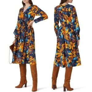 Marissa Webb Blue/Yellow Floral Printed Midi Cotton Long Sleeve Shirtdre…